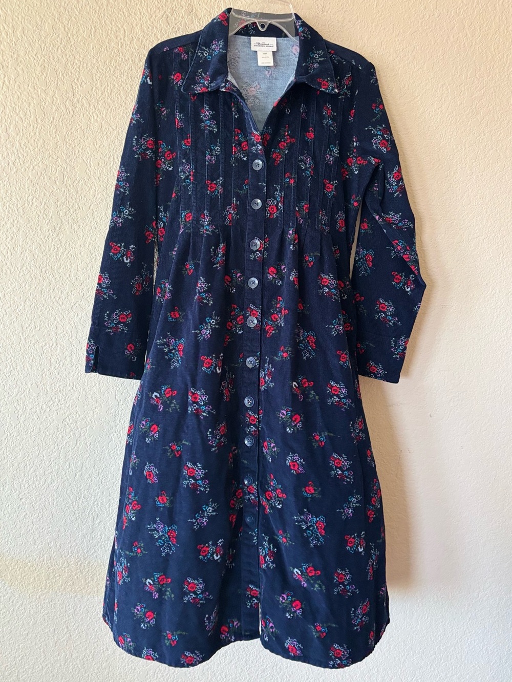 The Vermont Country Store Corduroy Shirt Dress Pintuck Floral Farmhouse Size XSP